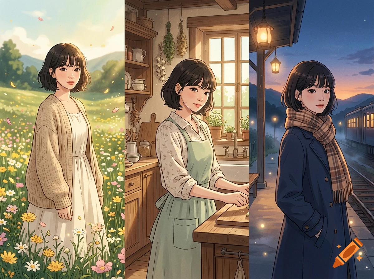 Triptych of an anime-style woman with short dark hair in three distinct settings: a meadow, a kitchen, and a train station at dusk.