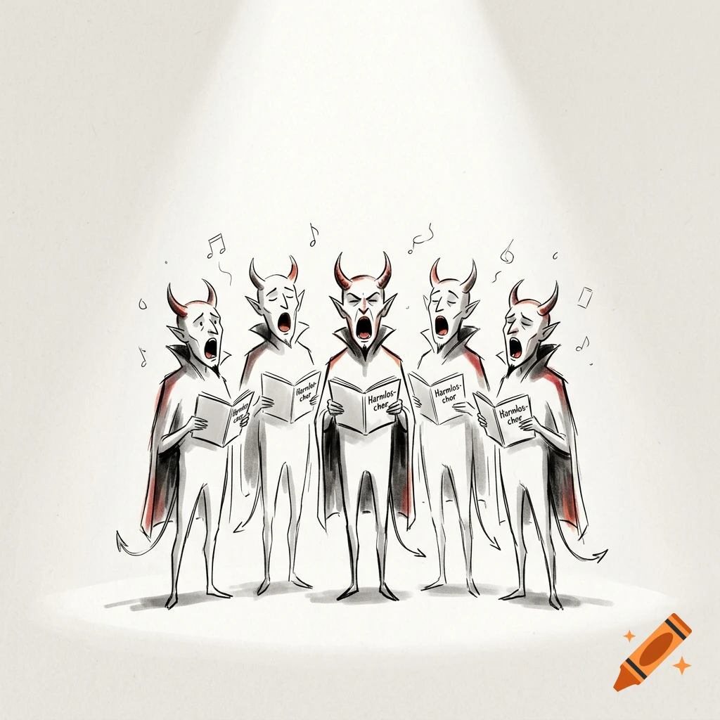 Minimalist sketch of five singing devils holding songbooks labeled Harmlos-chor under a spotlight.