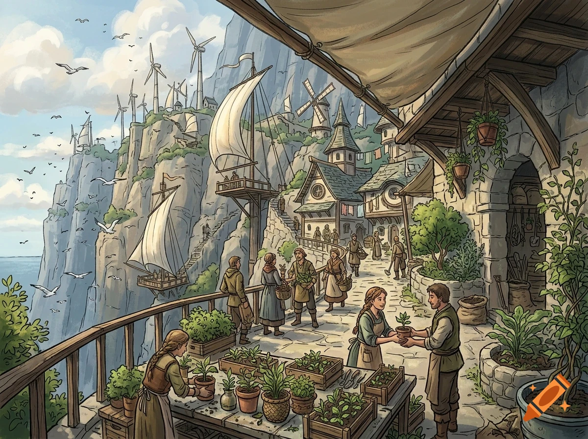 An illustrated coastal village built along steep cliffs, with people tending to potted plants and walking along stone pathways near the sea.