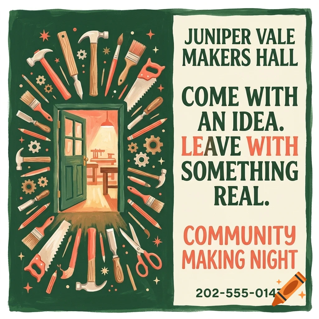 An illustrated poster for Juniper Vale Makers Hall featuring various tools surrounding an open door and text reading Come with an idea. Leave with something real.