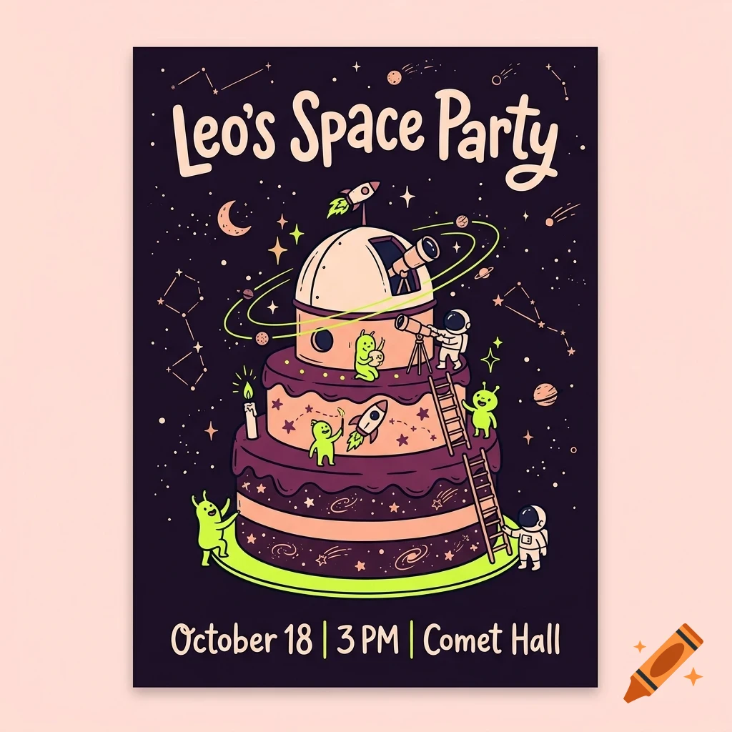 An illustrated space-themed party invitation poster featuring a multi-tiered cake styled like a space station with astronauts, aliens, planets, and stars against a dark background, with the text "Leo's Space Party" at the top.
