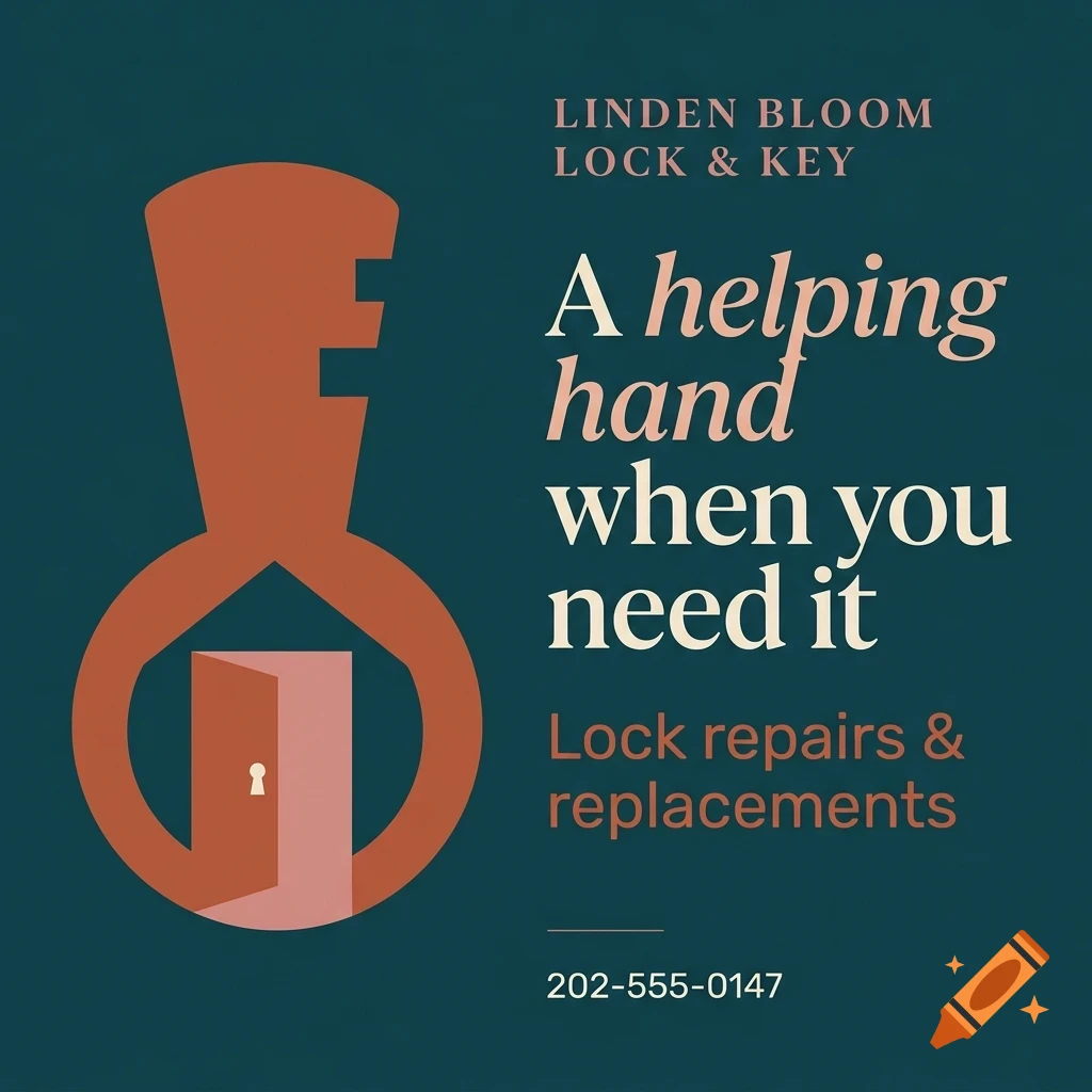 A graphic design for Linden Bloom Lock & Key with an abstract key and open door illustration on a dark teal background.