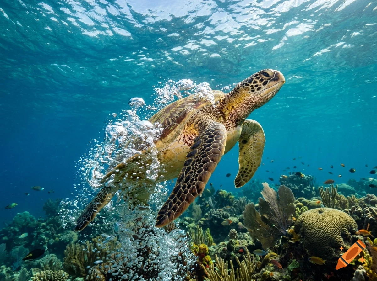 A sea turtle swims upward through a stream of bubbles in a clear blue ocean above a vibrant coral reef.