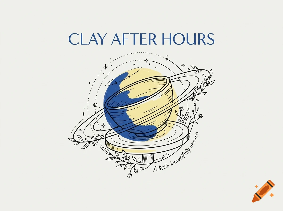 An ink and pencil illustration of a ceramic bowl on a potter's wheel surrounded by celestial rings, stars, and leaves, with the text CLAY AFTER HOURS above.