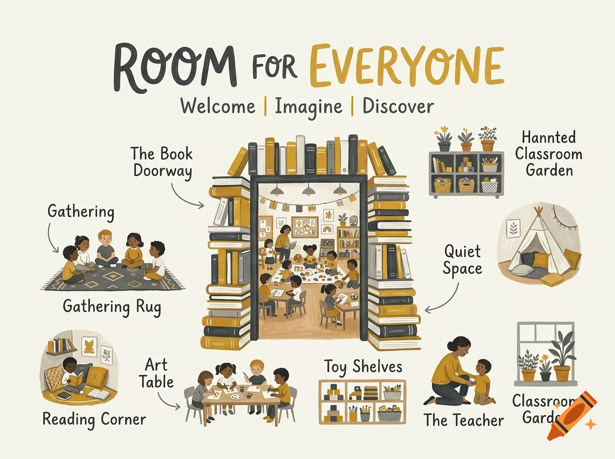 An illustrated educational poster titled Room For Everyone showing classroom areas like a reading corner, art table, and book doorway.