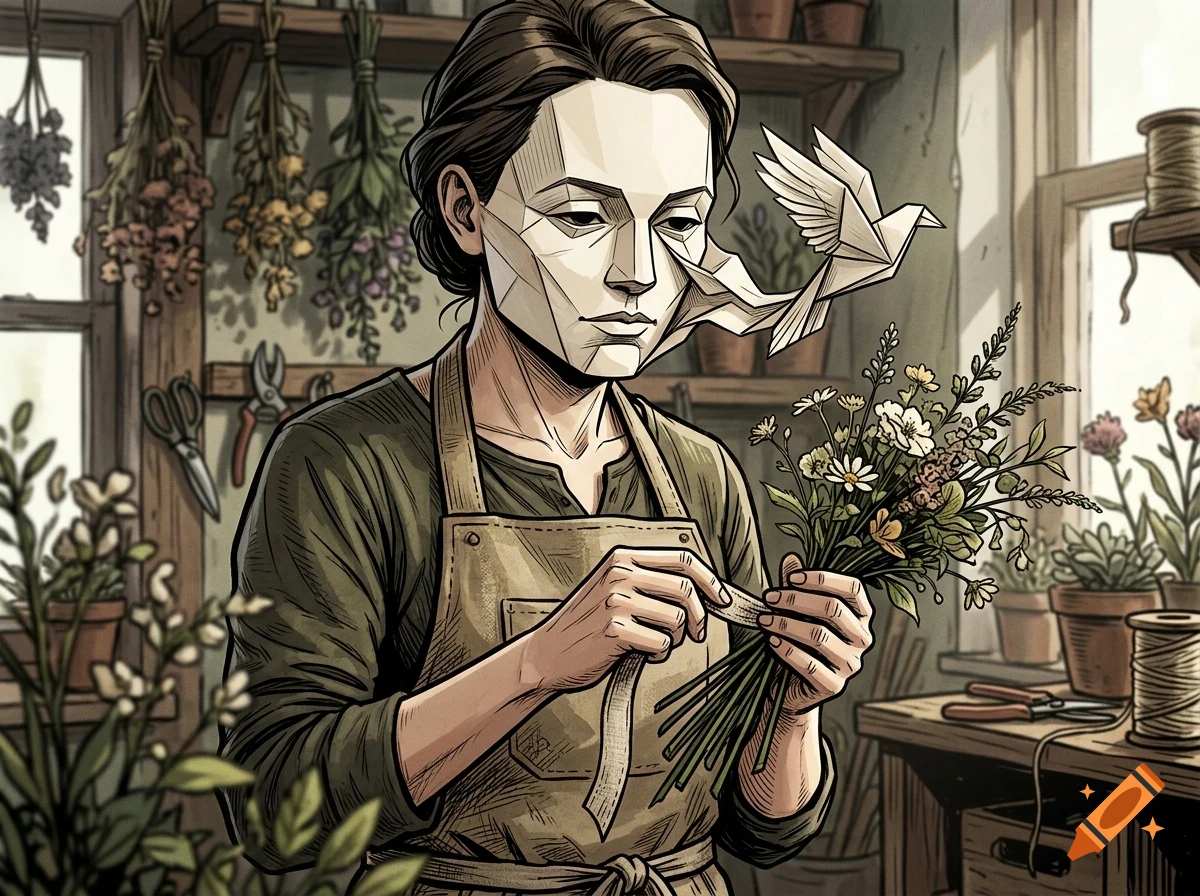 An illustrated woman wearing an apron arranges flowers in a workshop, with an origami bird near her face.