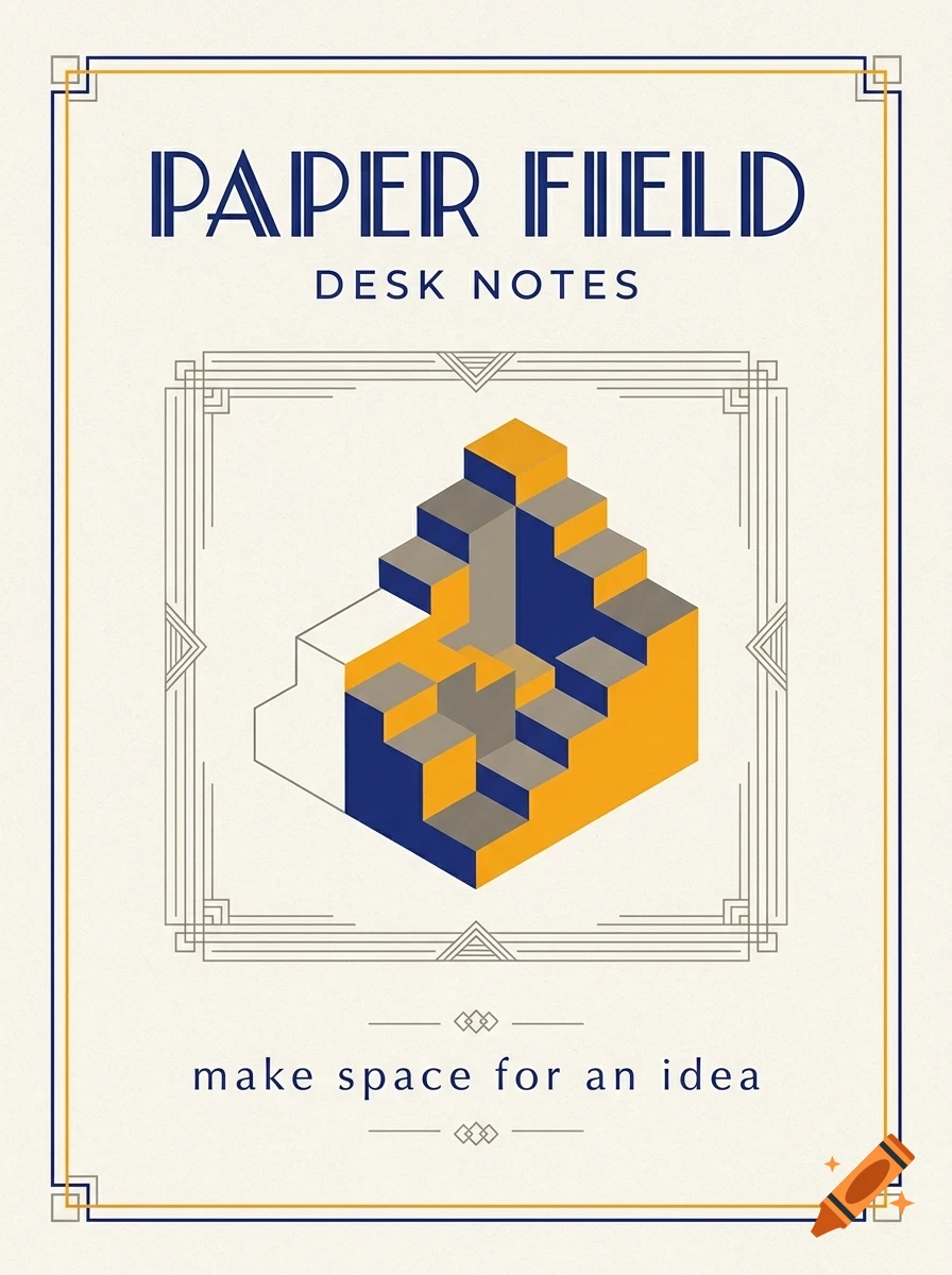 An Art Deco style poster with the text 'PAPER FIELD', 'DESK NOTES', and 'make space for an idea', featuring a geometric isometric shape and decorative frames.