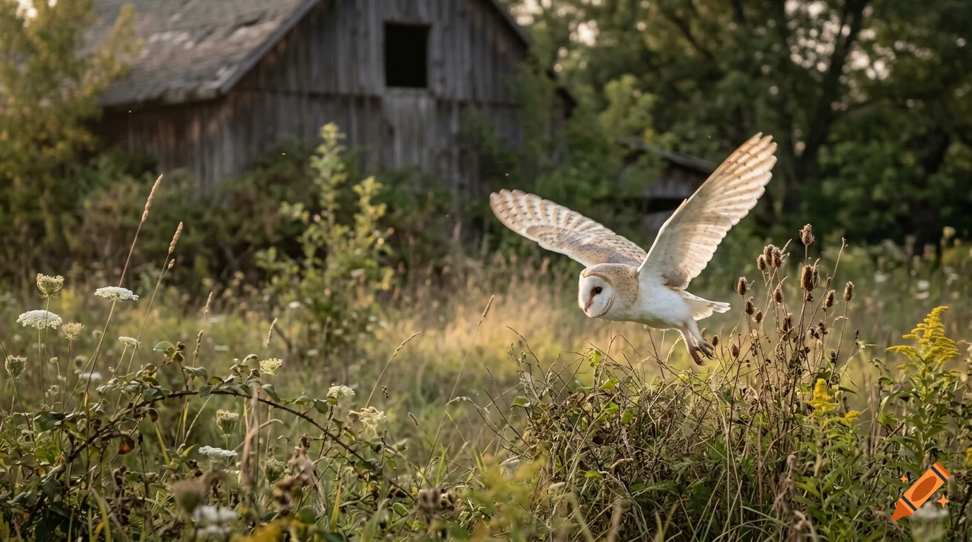 An owl in flight over a grassy field with a rustic wooden barn in the background.