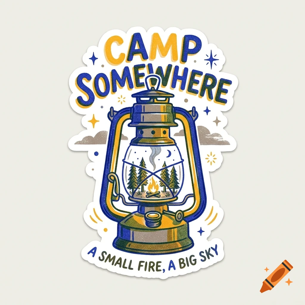 An illustrated camping sticker with a lantern containing a miniature forest and campfire, surrounded by lettering reading Camp Somewhere and A small fire, a big sky.