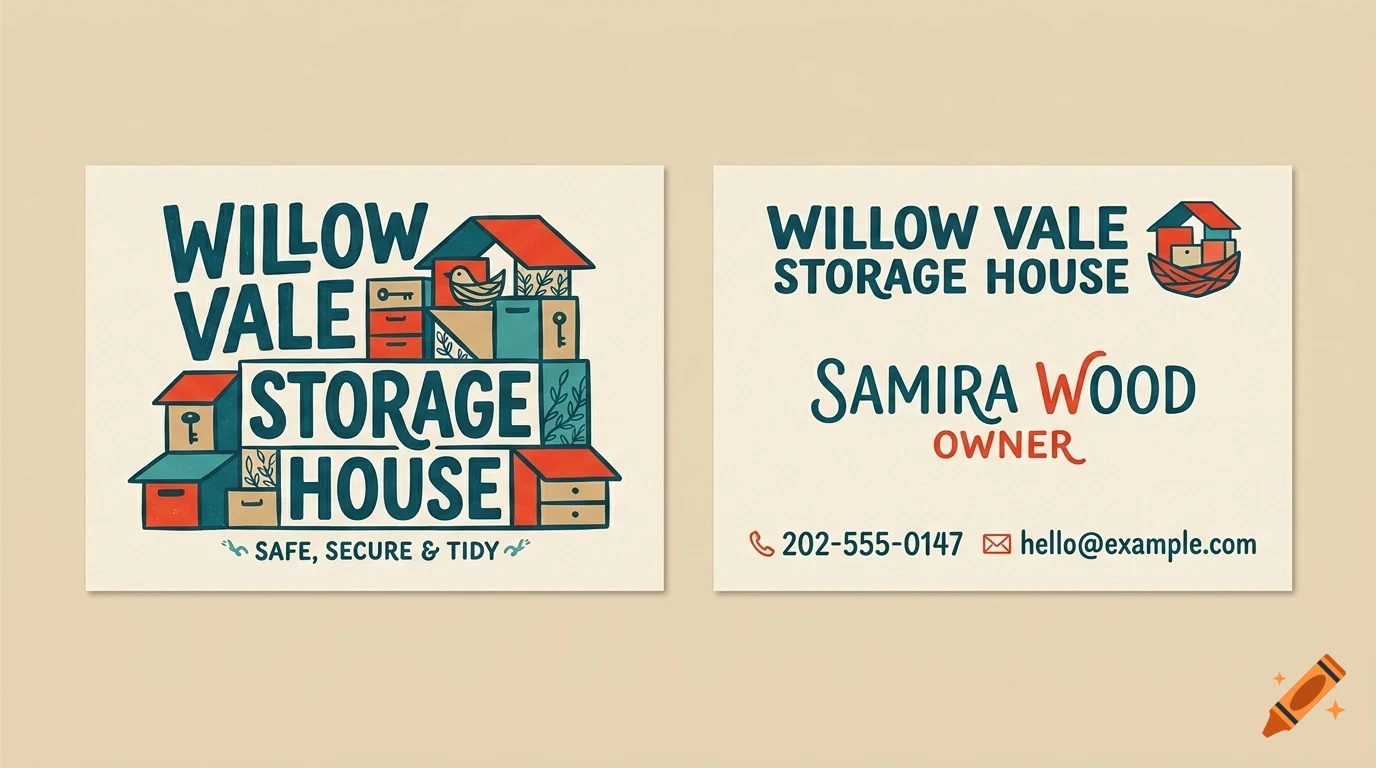 Two business cards for Willow Vale Storage House, featuring illustrations of small houses, storage boxes, and typography.