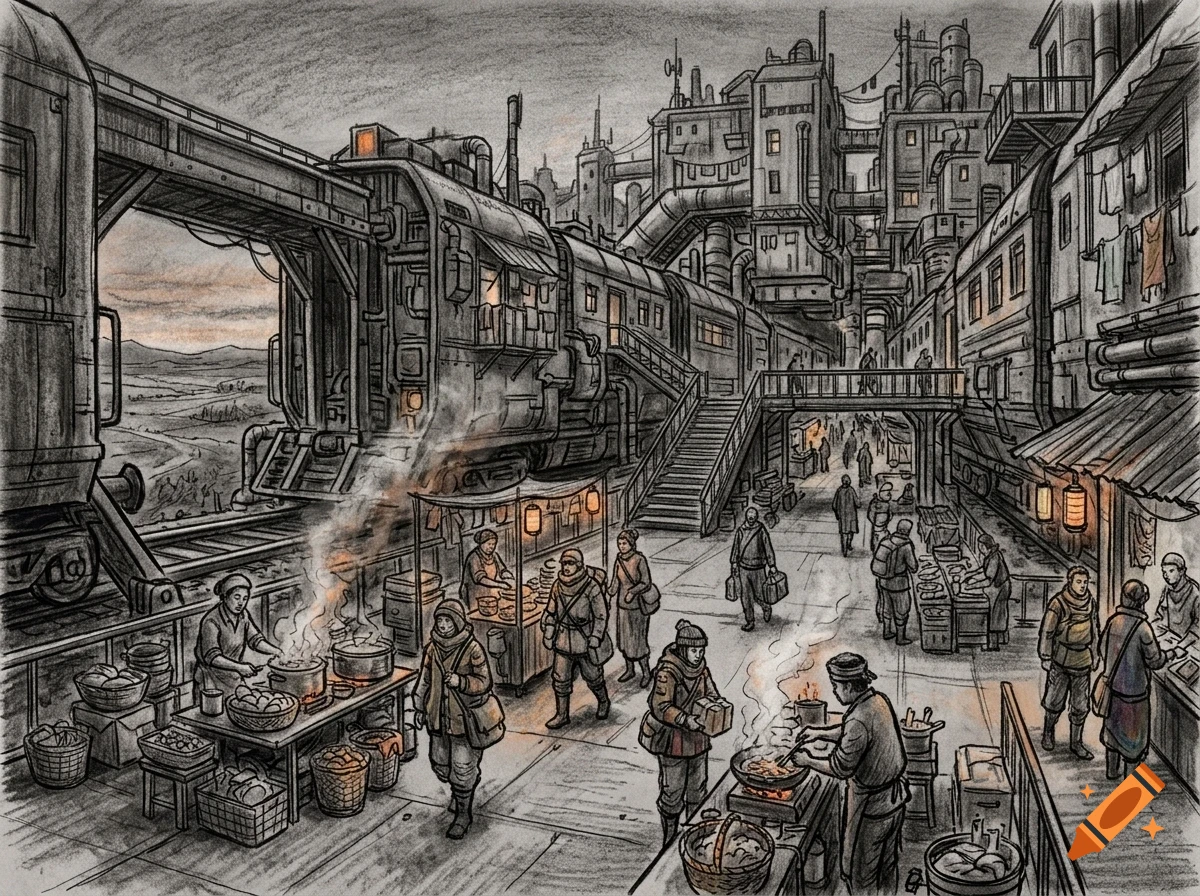 An intricate ink and pencil drawing of a bustling steampunk train station market with people cooking, walking, and industrial buildings.
