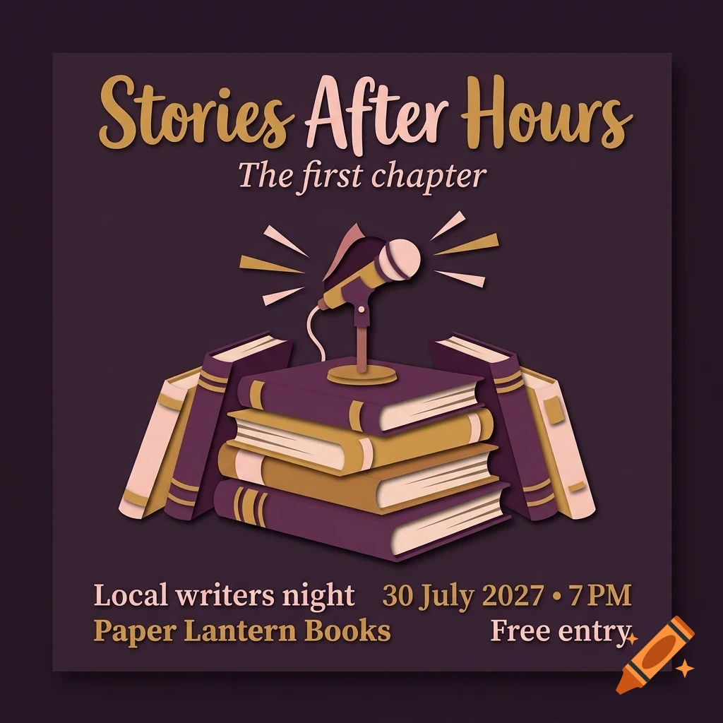An illustrated poster for Stories After Hours featuring a microphone standing on a stack of books with other books leaning on the sides against a dark background.