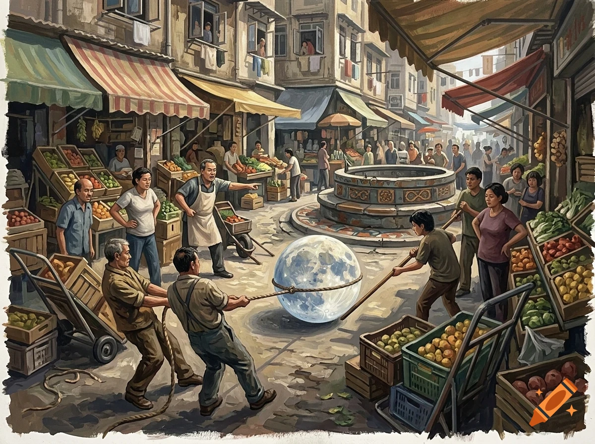 People in a busy marketplace pulling a glowing sphere with ropes near a stone fountain.