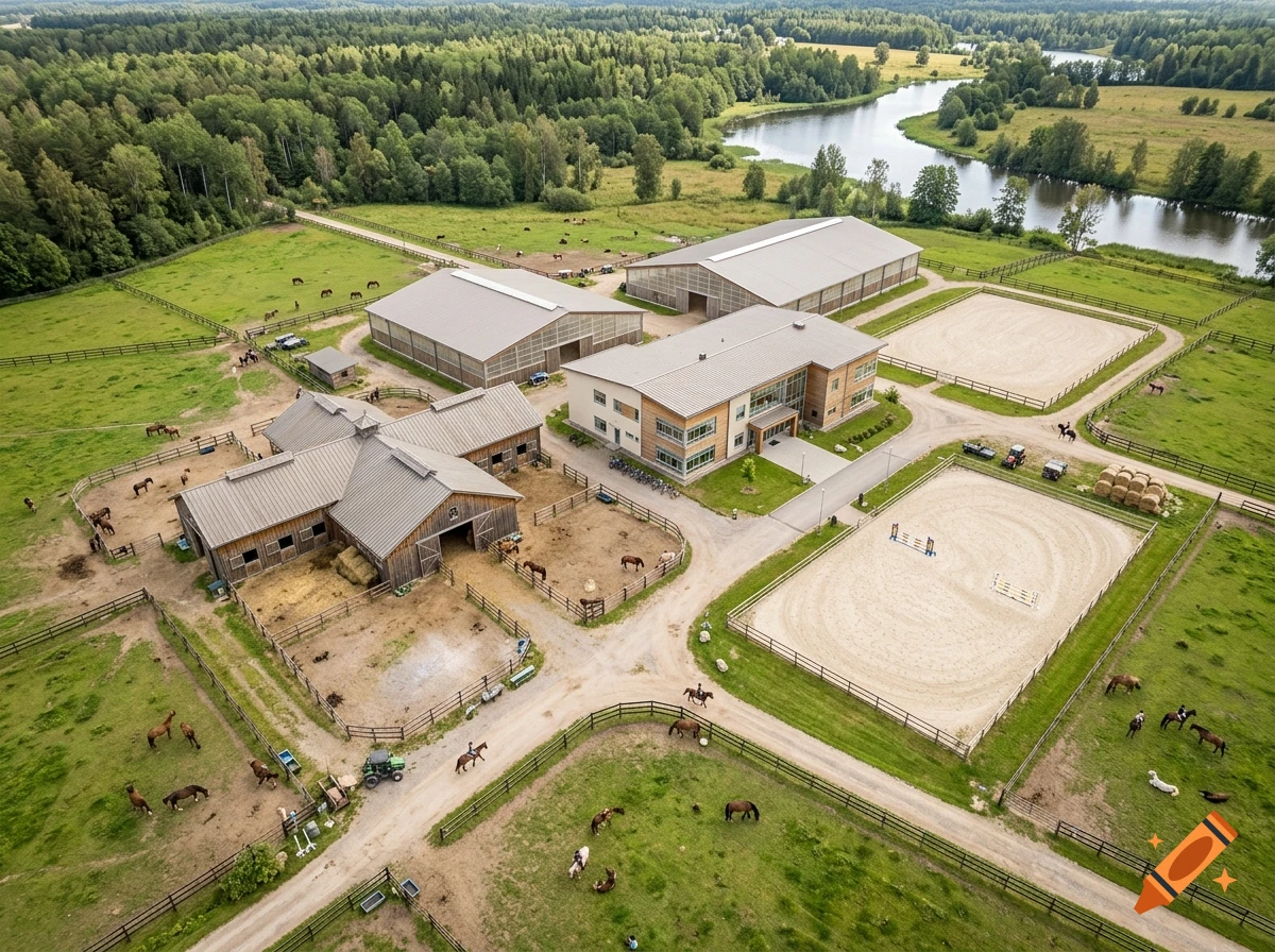 Aerial view of an equestrian school with barns, indoor riding arenas, outdoor paddocks, horses, and a nearby forest and lake. Photorealistic.