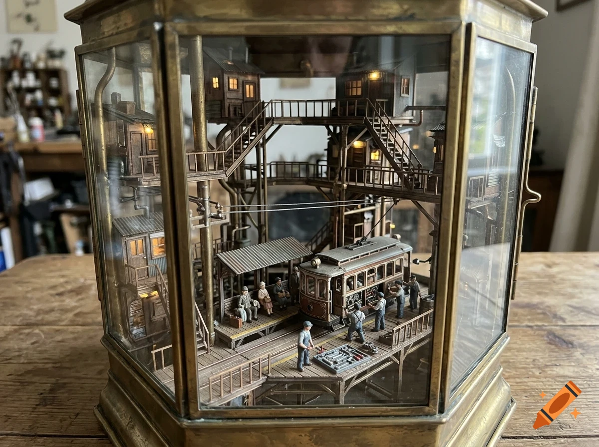 An intricate miniature diorama of a multi-level industrial town with a streetcar and tiny figures enclosed inside a brass-framed glass lantern.