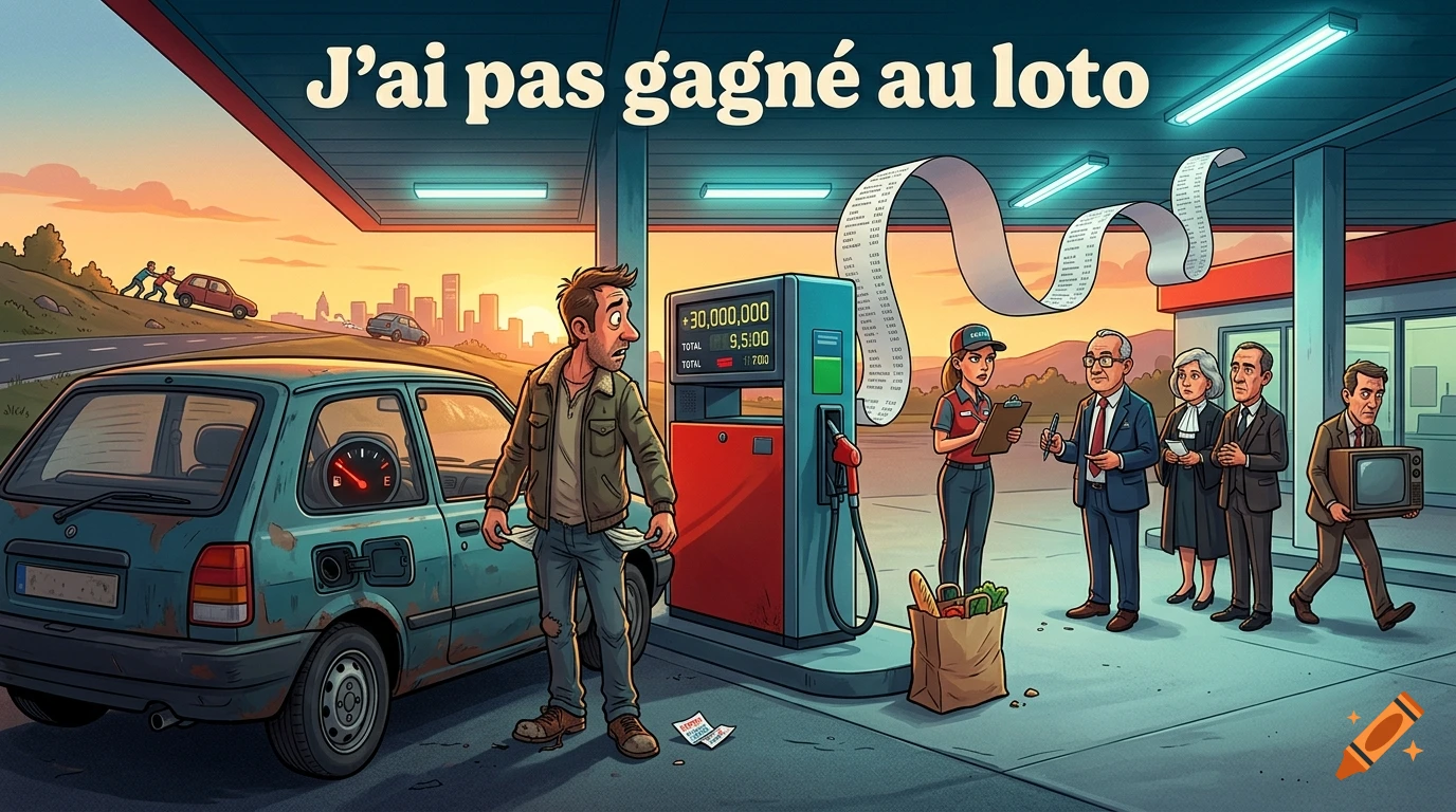 A humorous cartoon illustration of a man at a gas station looking into his empty pockets with a huge gas bill receipt stretching into the sky.