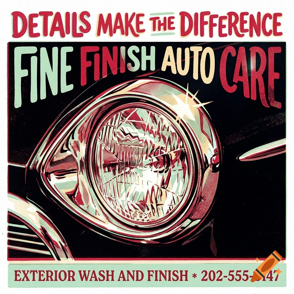 An advertisement for Fine Finish Auto Care featuring a close-up illustration of a vintage car headlight and bold retro lettering.