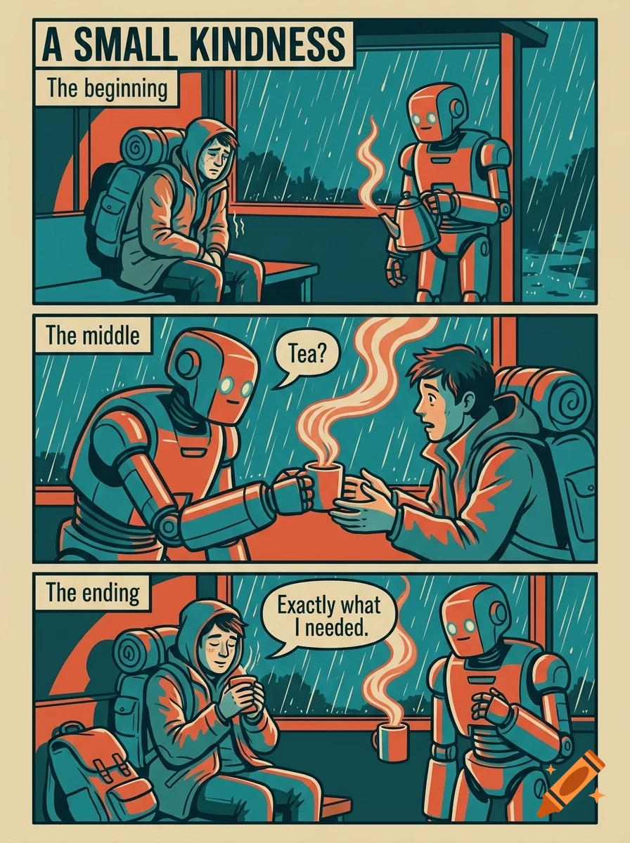 A three-panel comic strip titled A Small Kindness showing a robot offering hot tea to a sad traveler in the rain.