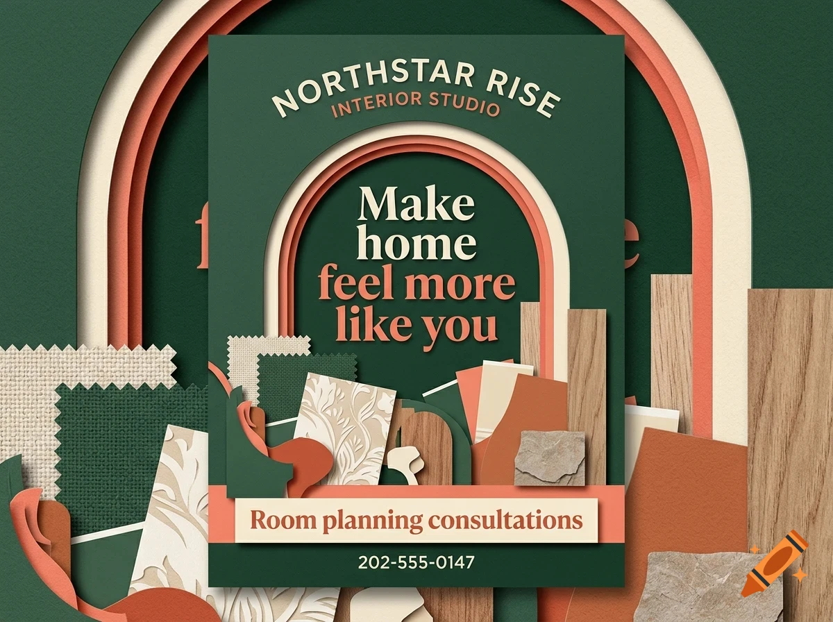 An interior design flyer featuring layered arched paper cutouts, fabric swatches, wood samples, and the text Northstar Rise Interior Studio.