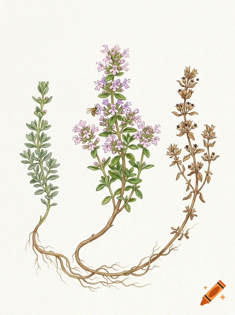 Botanical illustration of thyme plants showing roots, green stems, leaves, pink flowers, a bee, and dried seed pods.