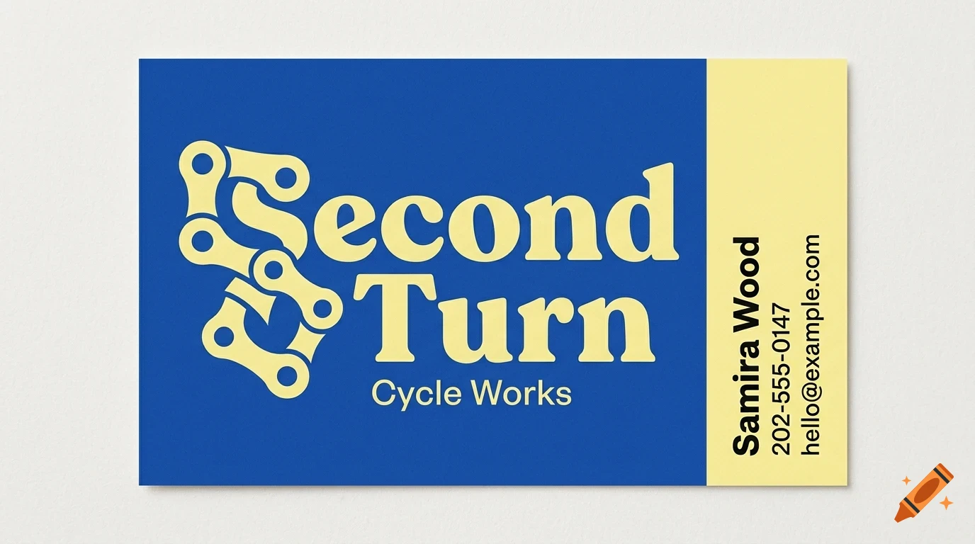 A business card with a blue left side featuring a bicycle chain graphic and yellow text reading 'Second Turn Cycle Works', and a yellow right side with contact information.