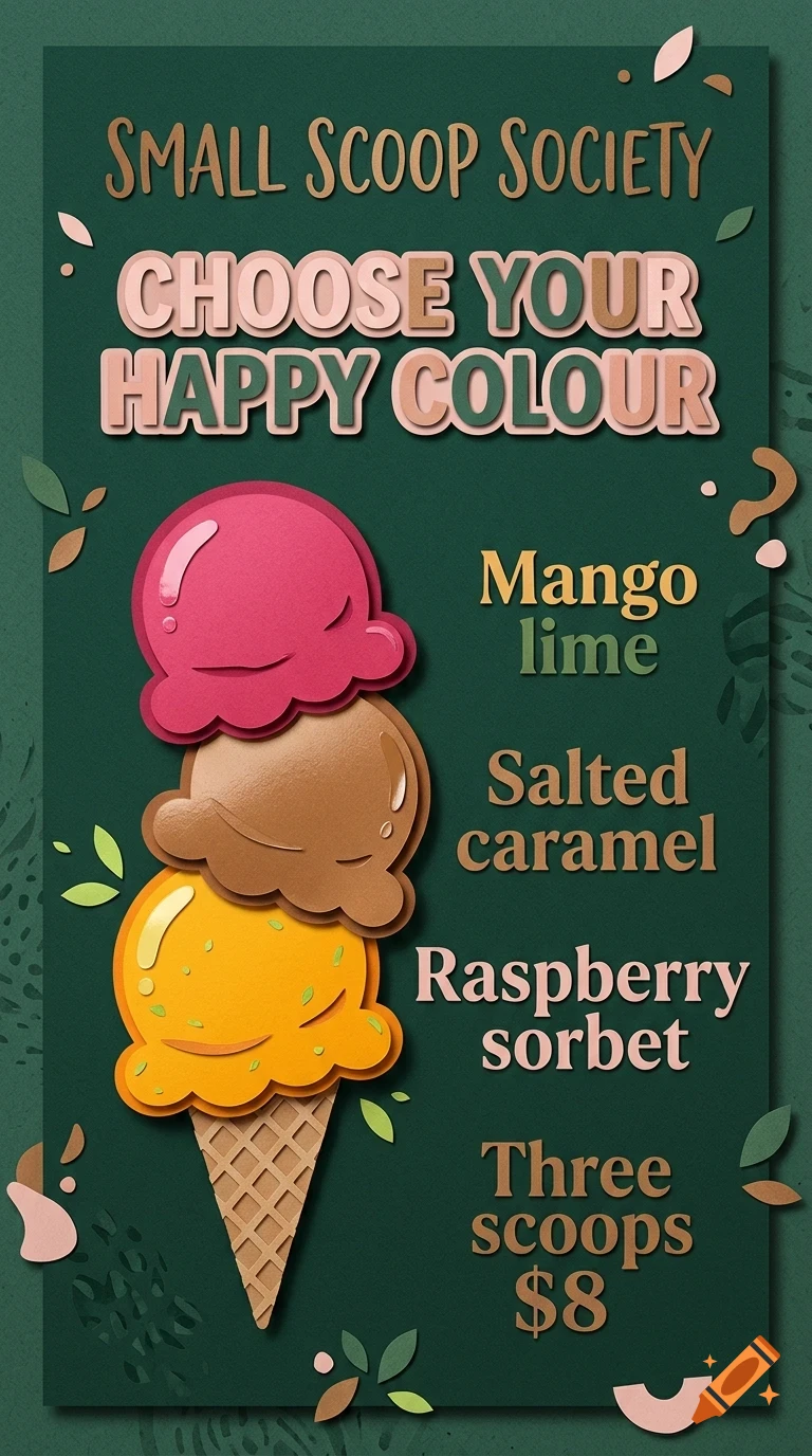 An illustrated ice cream cone poster featuring three scoops of ice cream with text listing flavors and prices.
