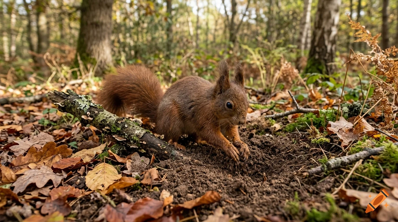 A red squirrel digs in the dirt and leaves on the forest floor.