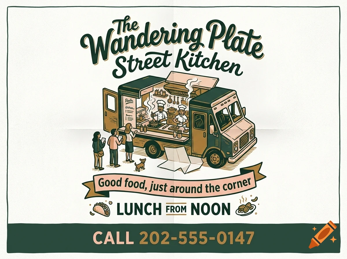 An illustrated advertisement for The Wandering Plate Street Kitchen food truck with chefs cooking inside, customers waiting in line, and text reading Good food, just around the corner.
