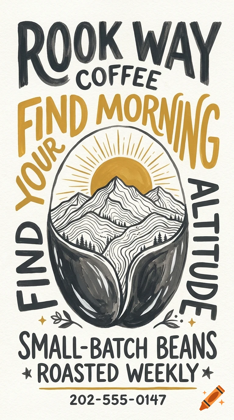 An illustrated poster for Rook Way Coffee featuring mountains inside a coffee bean graphic, surrounded by hand-lettered text.