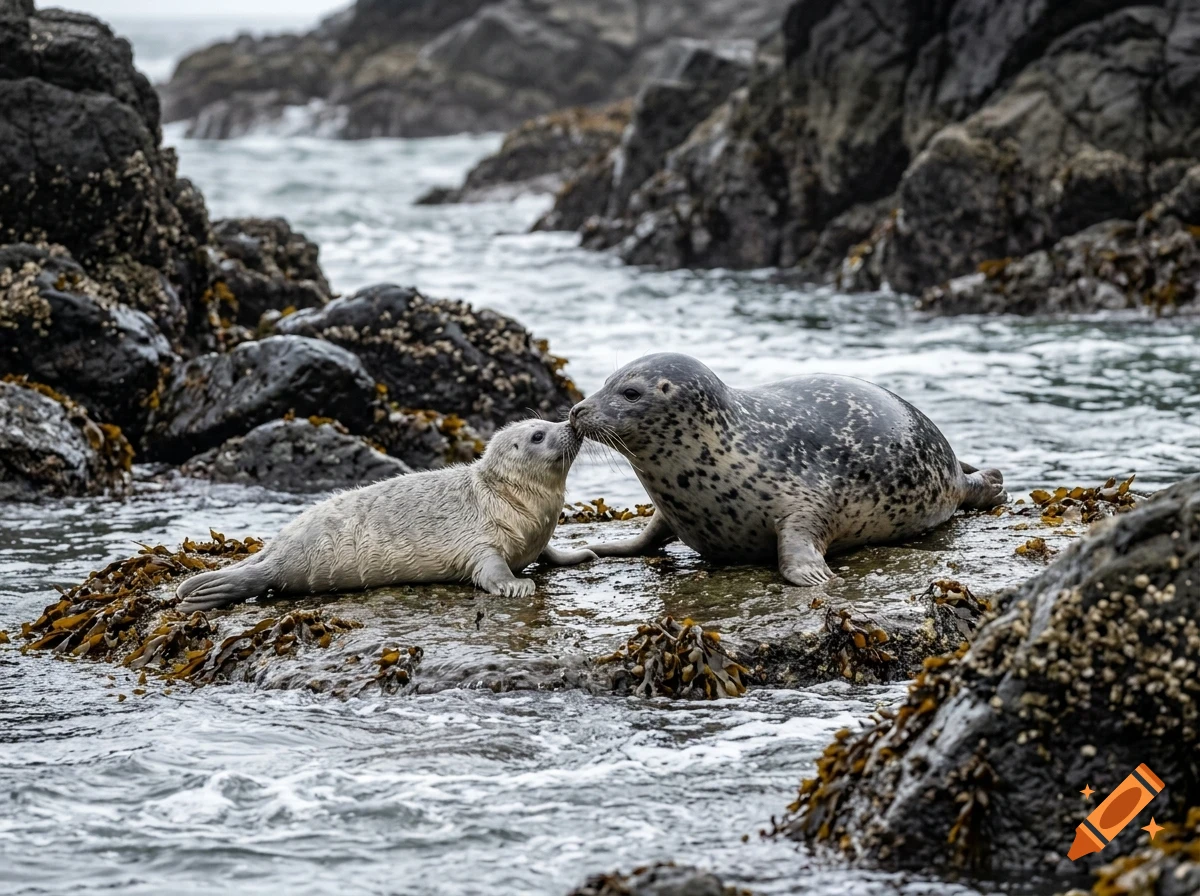 An adult seal and a pup touch noses on a rocky shore surrounded by water.