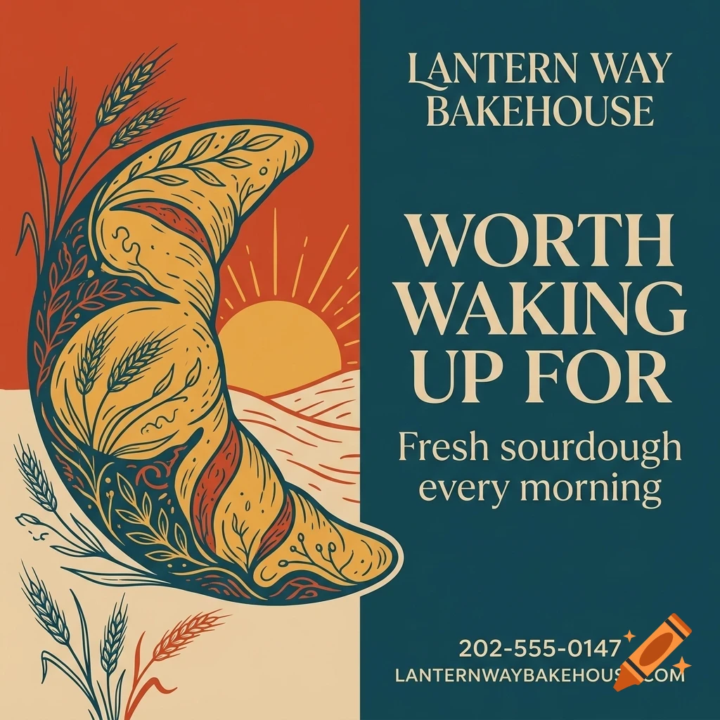 An illustrated poster for Lantern Way Bakehouse featuring a croissant shaped like a crescent moon with wheat stalks against a sunrise and text reading Worth waking up for.