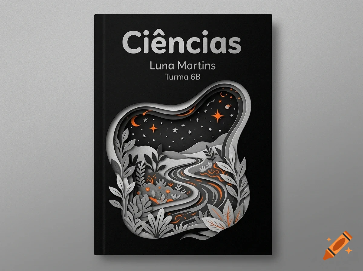 A book cover featuring layered papercut illustration of a landscape with plants, river, and starry night sky, with the text 'Ciências'.