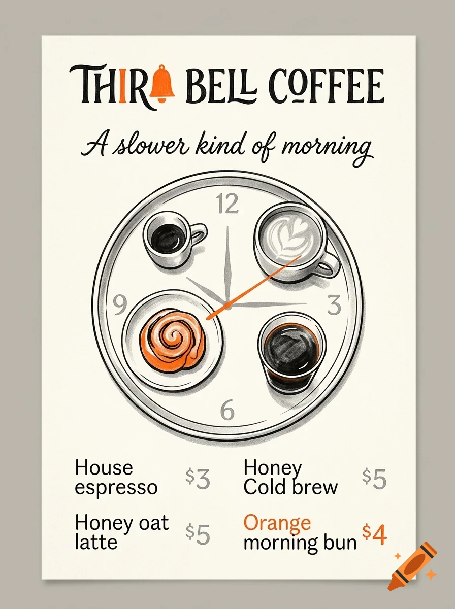 An illustrated coffee shop menu poster featuring coffee drinks and a pastry arranged like a clock face.