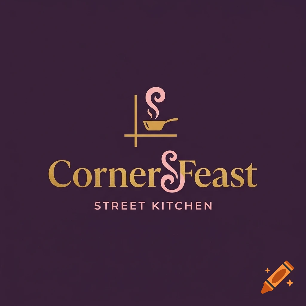 Logo design for 'Corner Feast - Street Kitchen' featuring a stylized frying pan with steam on a dark purple background.