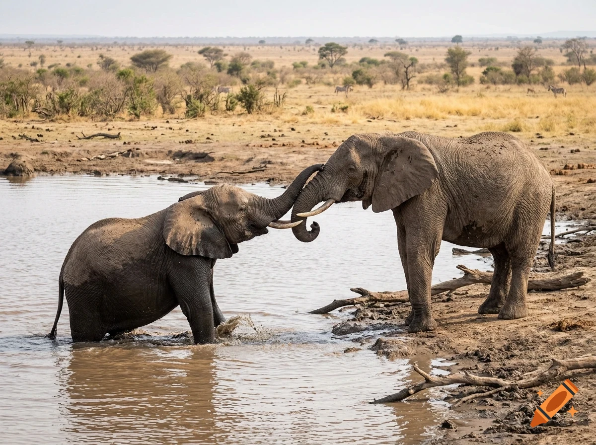 Two elephants interacting playfully at the edge of a watering hole in a dry landscape.