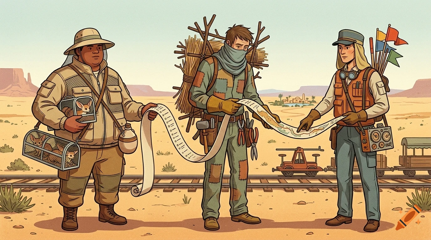Three explorers stand in a desert landscape near railroad tracks, reading a long scroll and examining a map together.