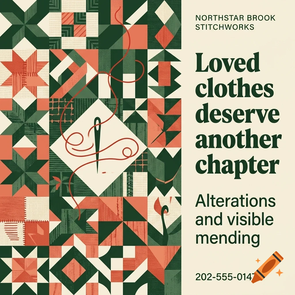 An advertisement for Northstar Brook Stitchworks featuring geometric quilt patterns on the left, a needle and red thread in the center, and text on the right that reads Loved clothes deserve another chapter, Alterations and visible mending, and a phone number.