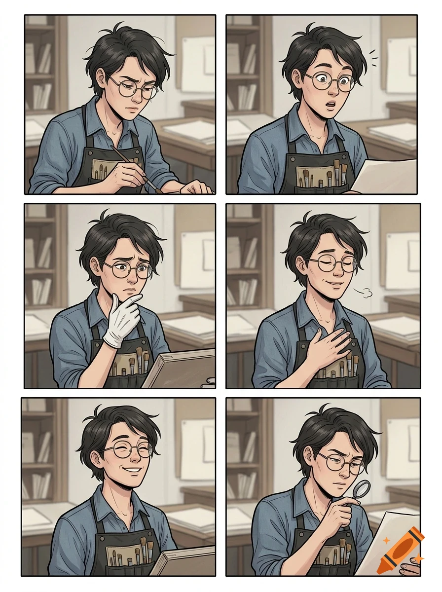A six-panel comic strip depicting an artist with dark hair and glasses working, reacting with surprise, pondering, feeling relieved, smiling, and inspecting artwork with a magnifying glass.