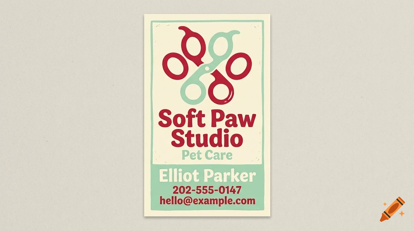 A business card design for Soft Paw Studio, featuring a paw print made of scissors and text including Elliot Parker, phone number, and email.