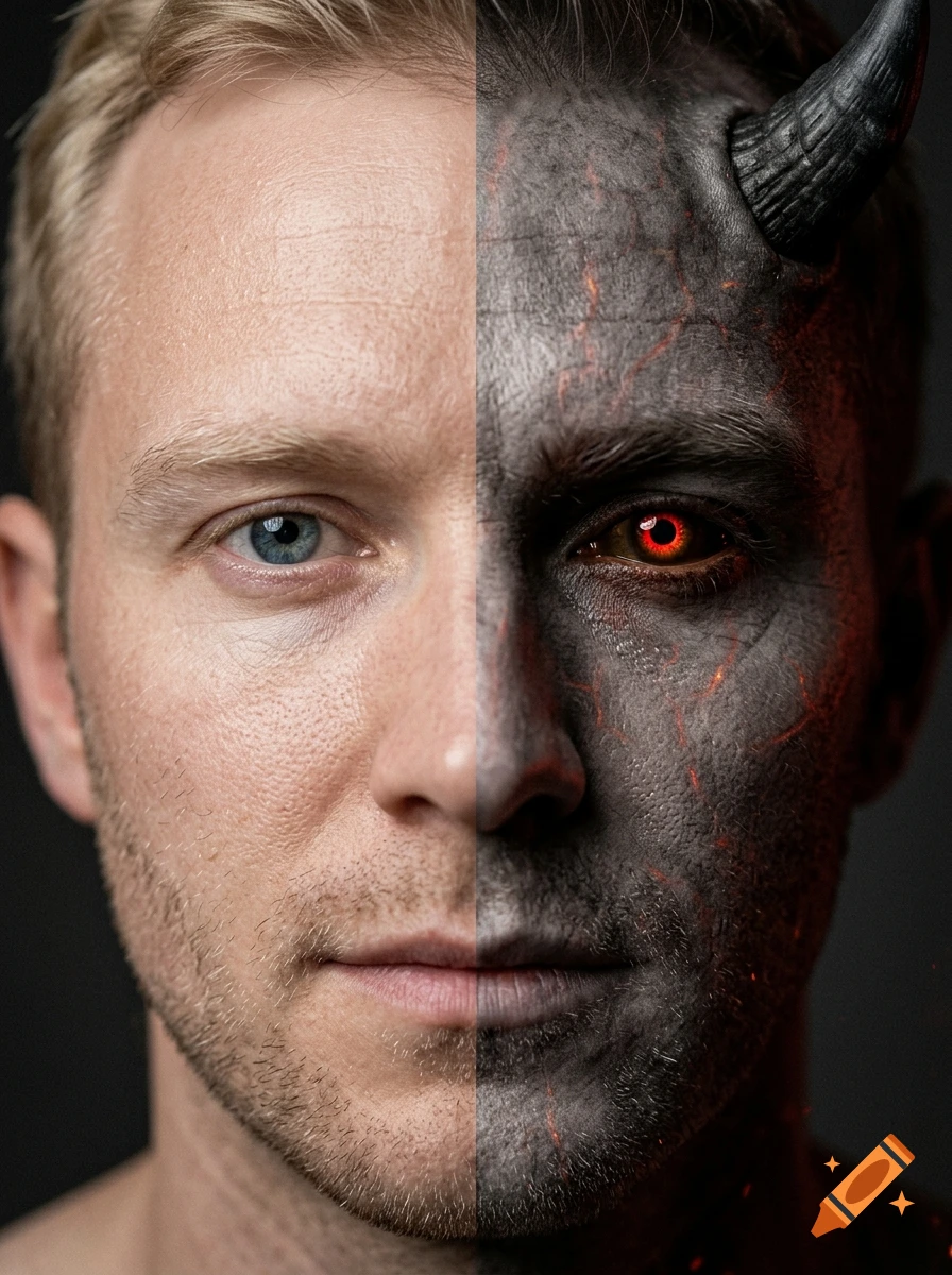 Photorealistic split-face portrait of a man, half human angel with blue eye, half Lucifer with gray skin, red glowing eye, and horn.