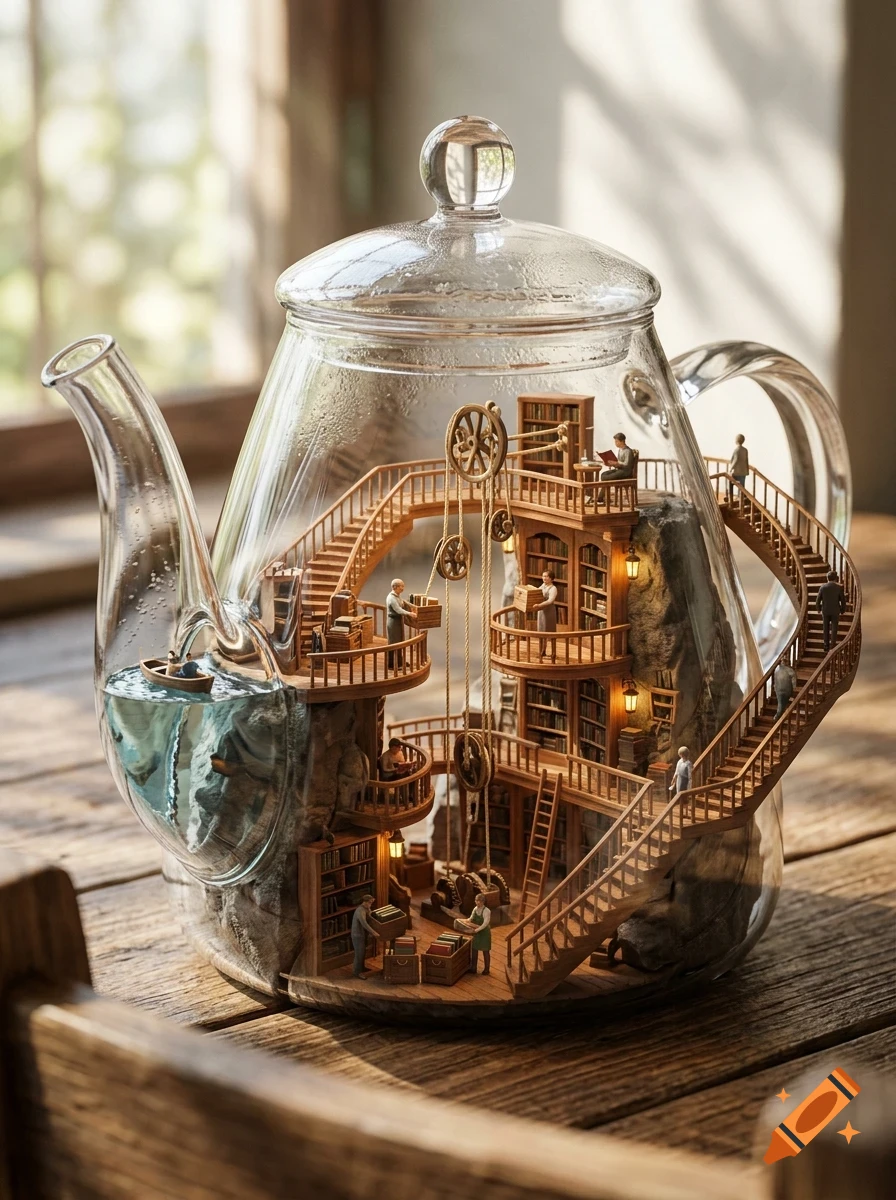 A detailed miniature library built inside a transparent glass teapot, featuring tiny wooden bookshelves, staircases, a water section with a small boat, and miniature figures.