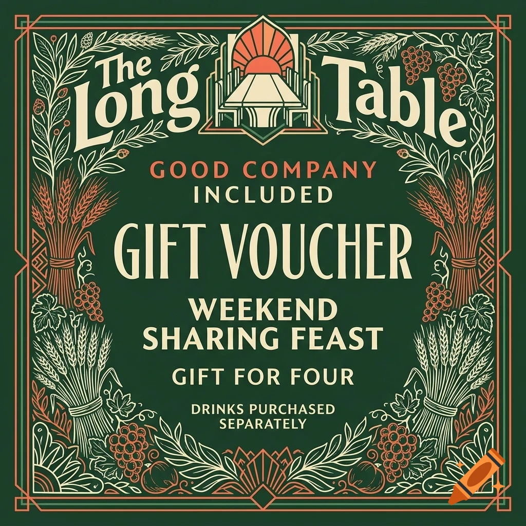 A decorative green gift voucher featuring the text The Long Table surrounded by botanical illustrations, wheat sheaves, and geometric borders.