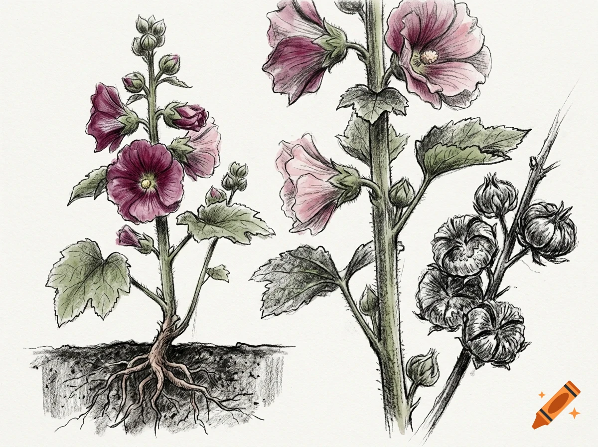 Botanical illustration of hollyhock flowers, stems, leaves, roots, and seed pods.
