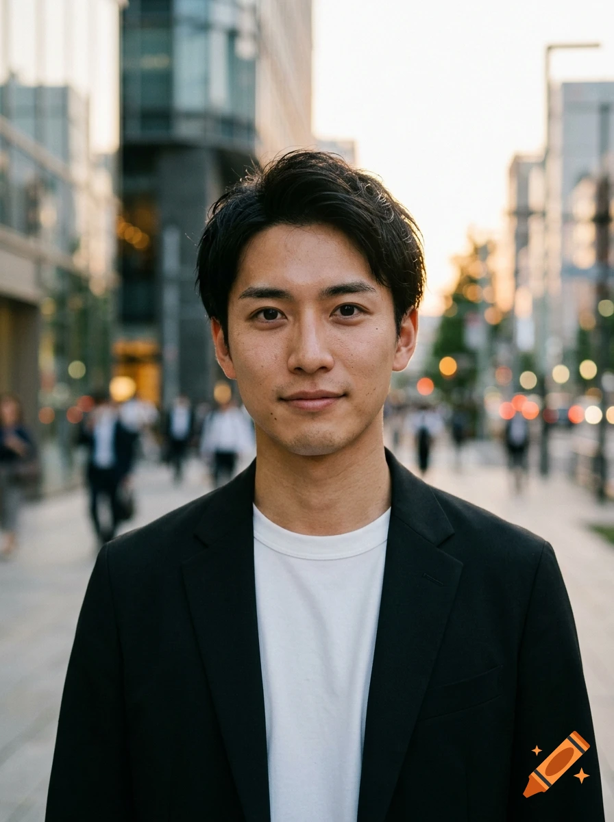 Photorealistic portrait of a young Japanese man in a black blazer and white t-shirt on a city street.
