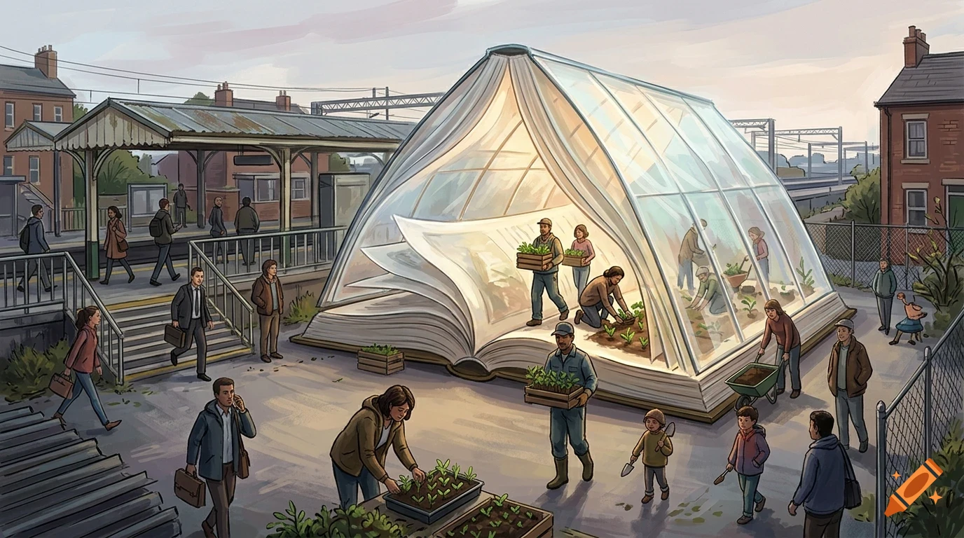 An open book shaped like a greenhouse stands at a train station, with people gardening and tending to plants inside and outside its pages.