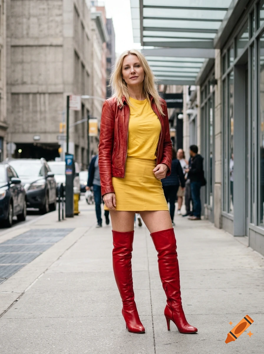 Full-body photorealistic shot of a blonde woman wearing a red leather jacket, yellow top, yellow miniskirt, and red over-the-knee boots in a city street.