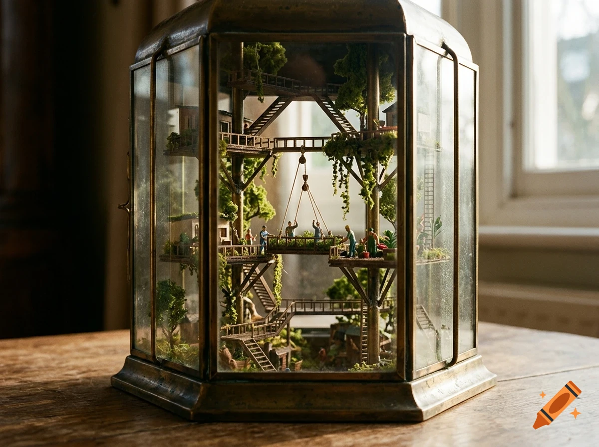 A detailed miniature treehouse diorama contained within a glass and brass terrarium on a wooden table.
