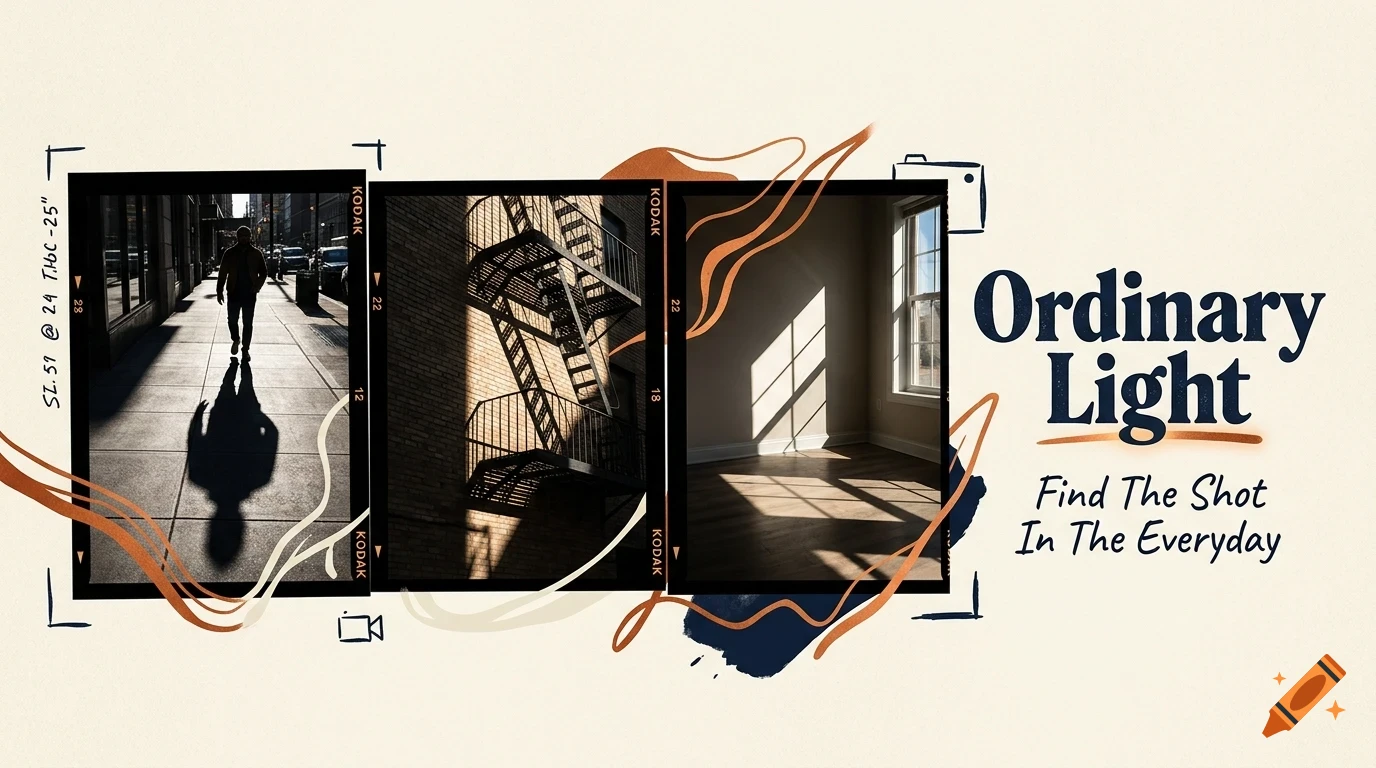 A design featuring three photographic frames showing a person walking on a city street, a building's fire escape, and an interior room with window light, alongside the text Ordinary Light Find The Shot In The Everyday.