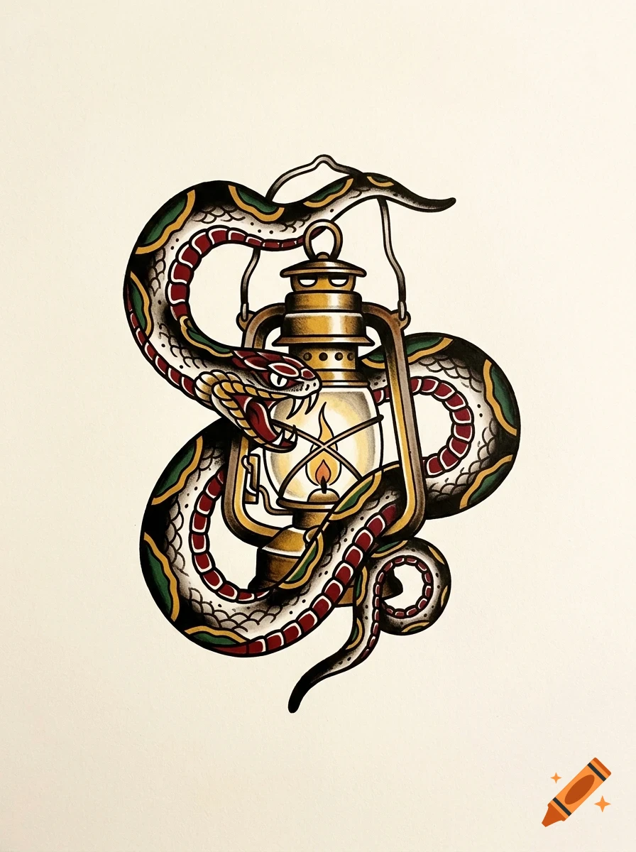 An illustrated traditional tattoo design featuring a coiled snake wrapped around a glowing vintage lantern.