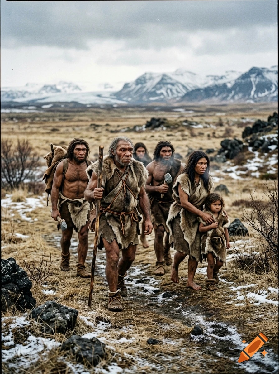 Photorealistic image of a group of Neanderthals walking across a snowy landscape with mountains in the background.